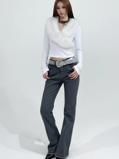 3MODE American Fur Collar V-neck Slim Women&
