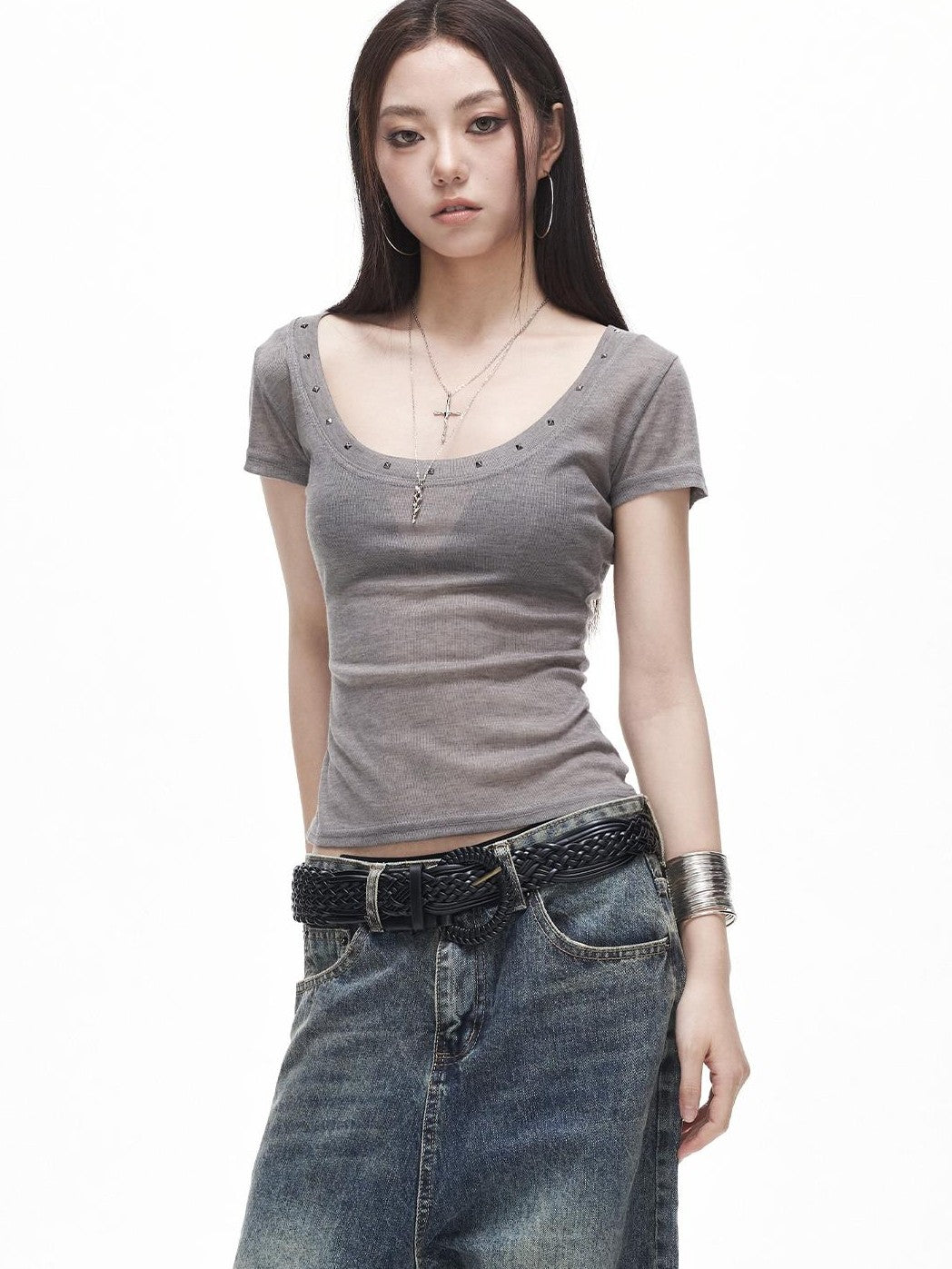 3MODE American Retro Studded U Neck Women&