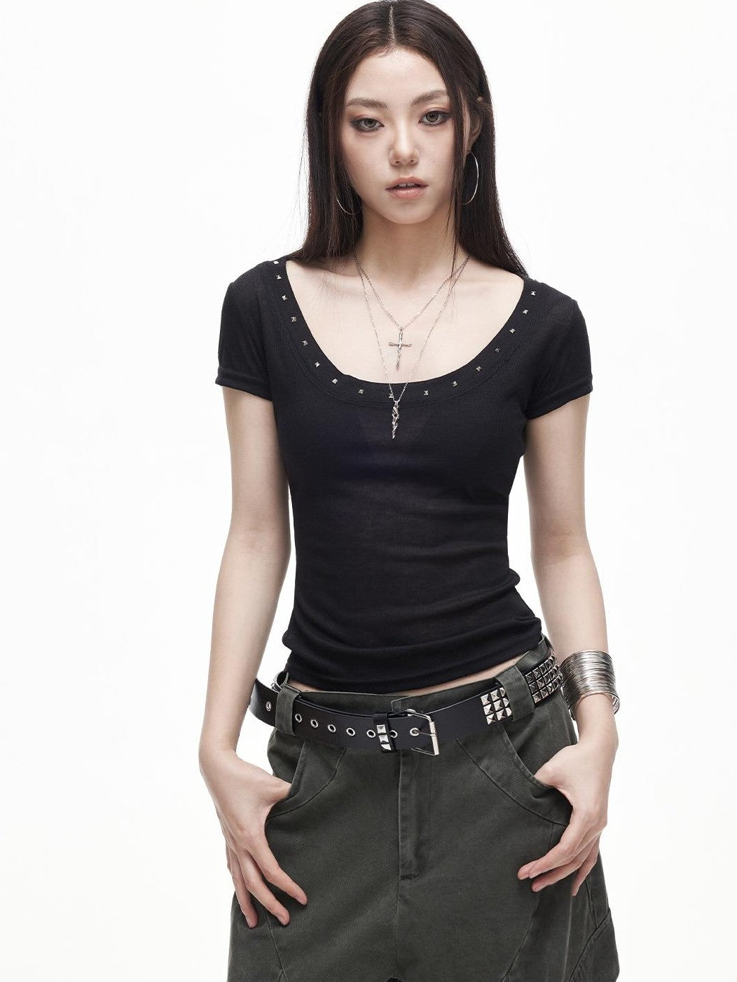 3MODE American Retro Studded U Neck Women&