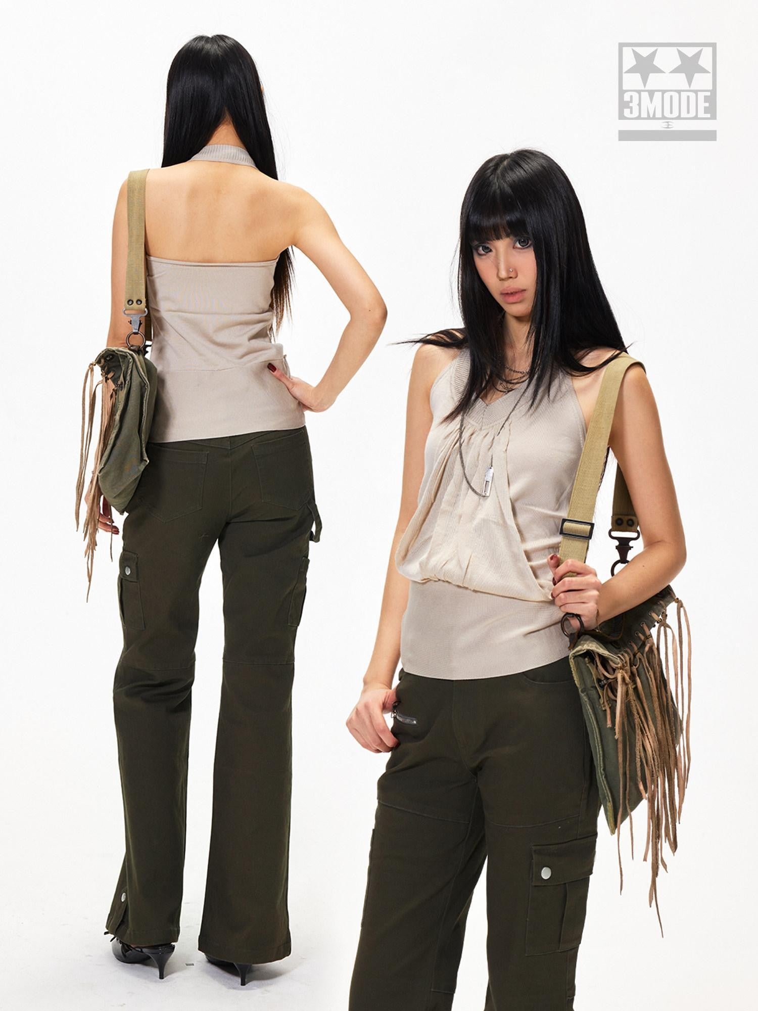 3MODE Apricot V-neck Backless Knit Woven Strap Women&