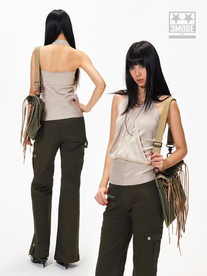3MODE Apricot V-neck Backless Knit Woven Strap Women&