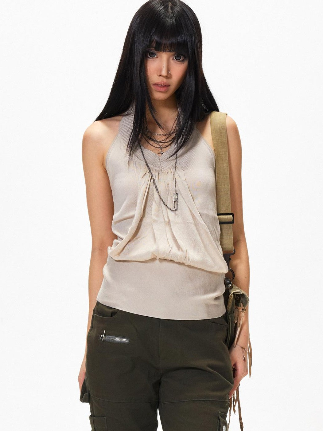 3MODE Apricot V-neck Backless Knit Woven Strap Women&
