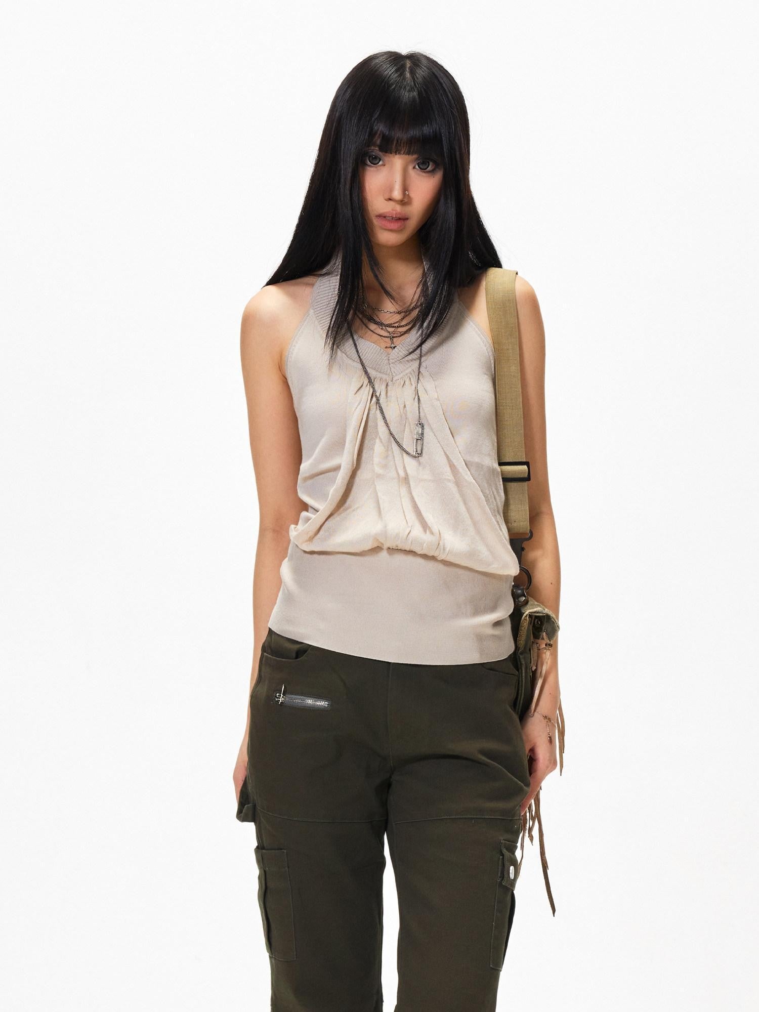 3MODE Apricot V-neck Backless Knit Woven Strap Women&
