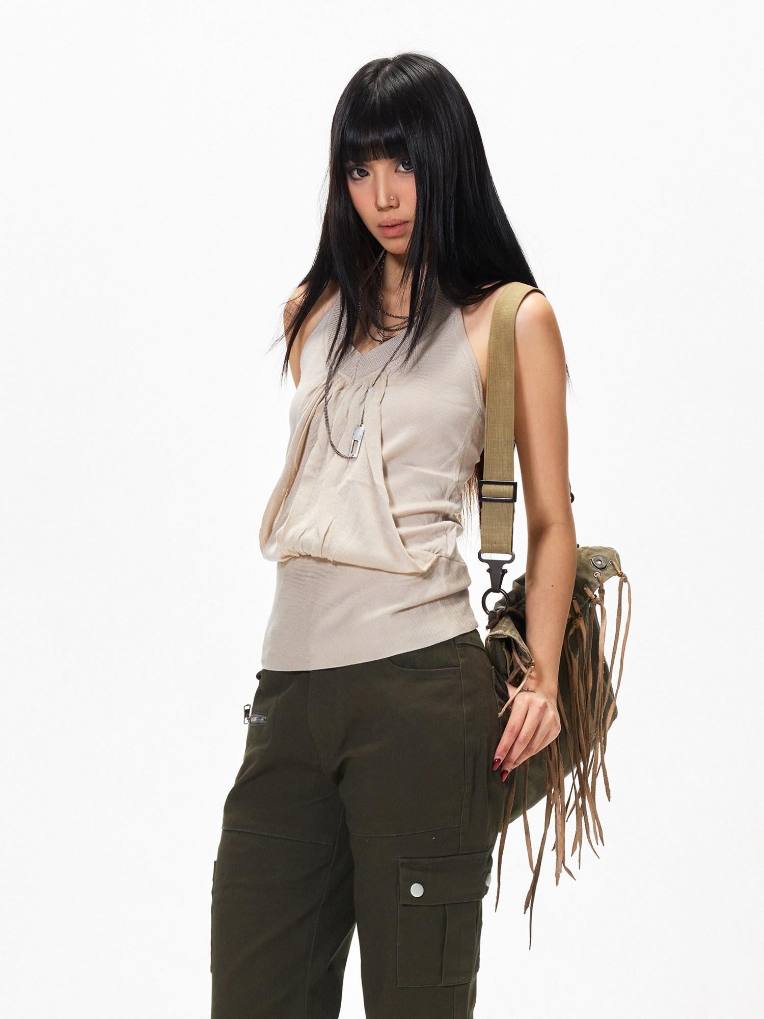 3MODE Apricot V-neck Backless Knit Woven Strap Women&
