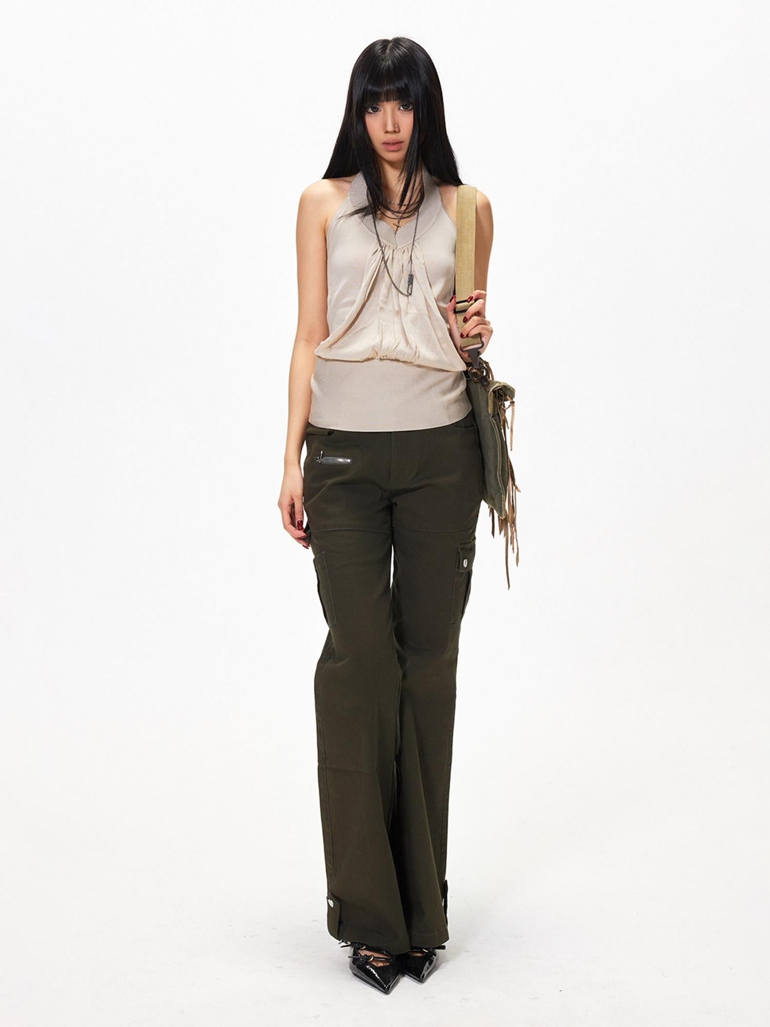3MODE Apricot V-neck Backless Knit Woven Strap Women&