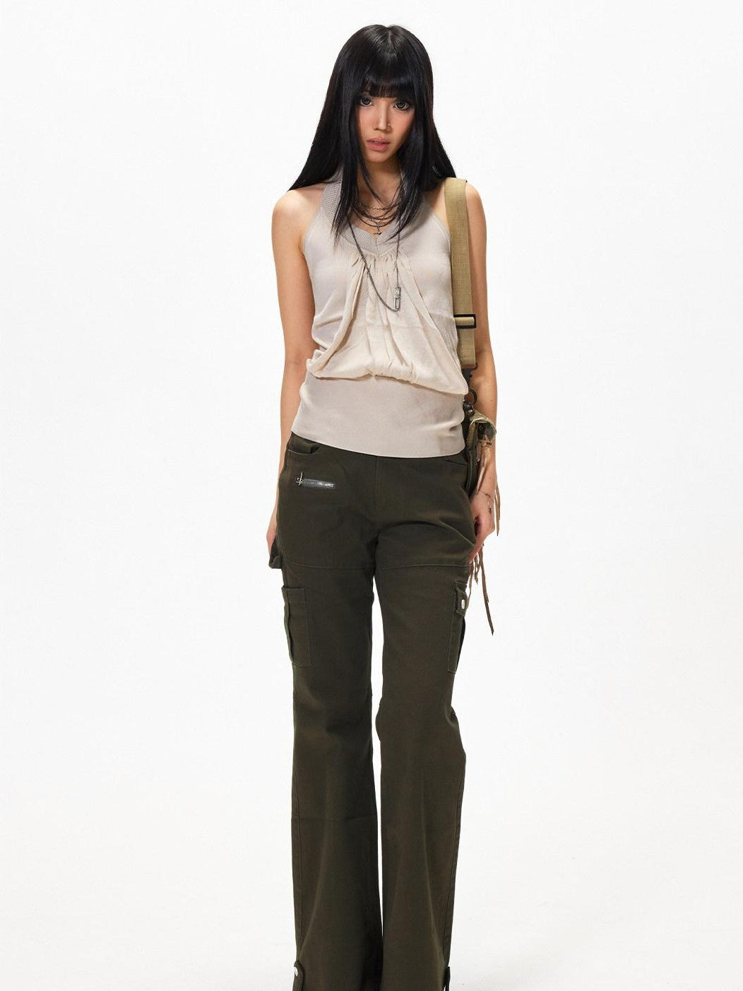 3MODE Apricot V-neck Backless Knit Woven Strap Women&