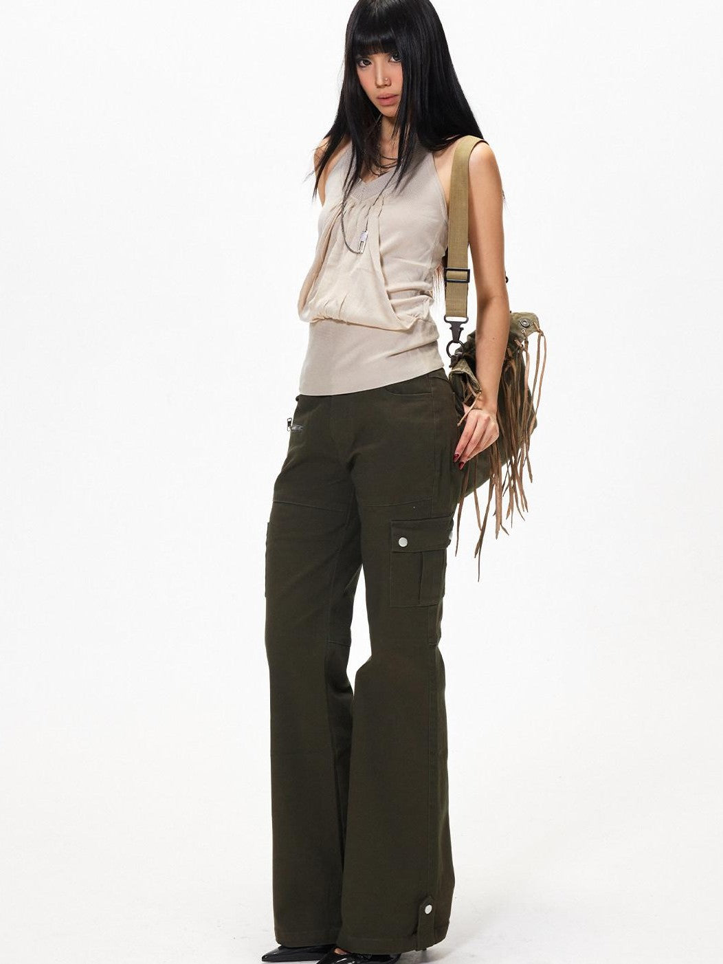 3MODE Apricot V-neck Backless Knit Woven Strap Women&