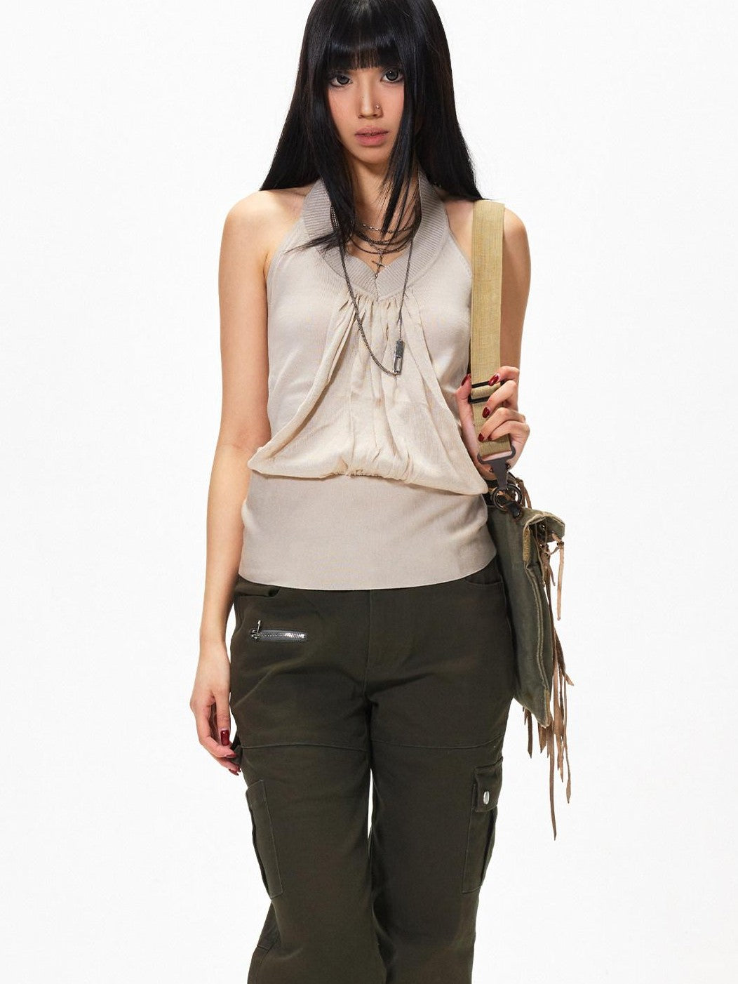 3MODE Apricot V-neck Backless Knit Woven Strap Women&
