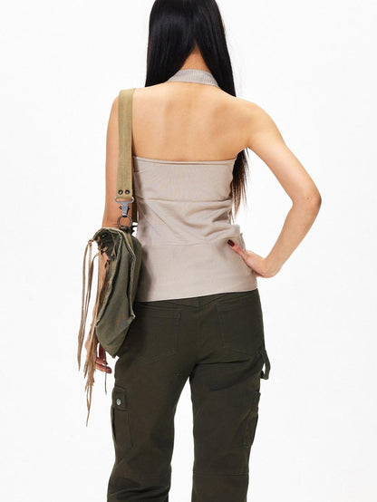 3MODE Apricot V-neck Backless Knit Woven Strap Women&