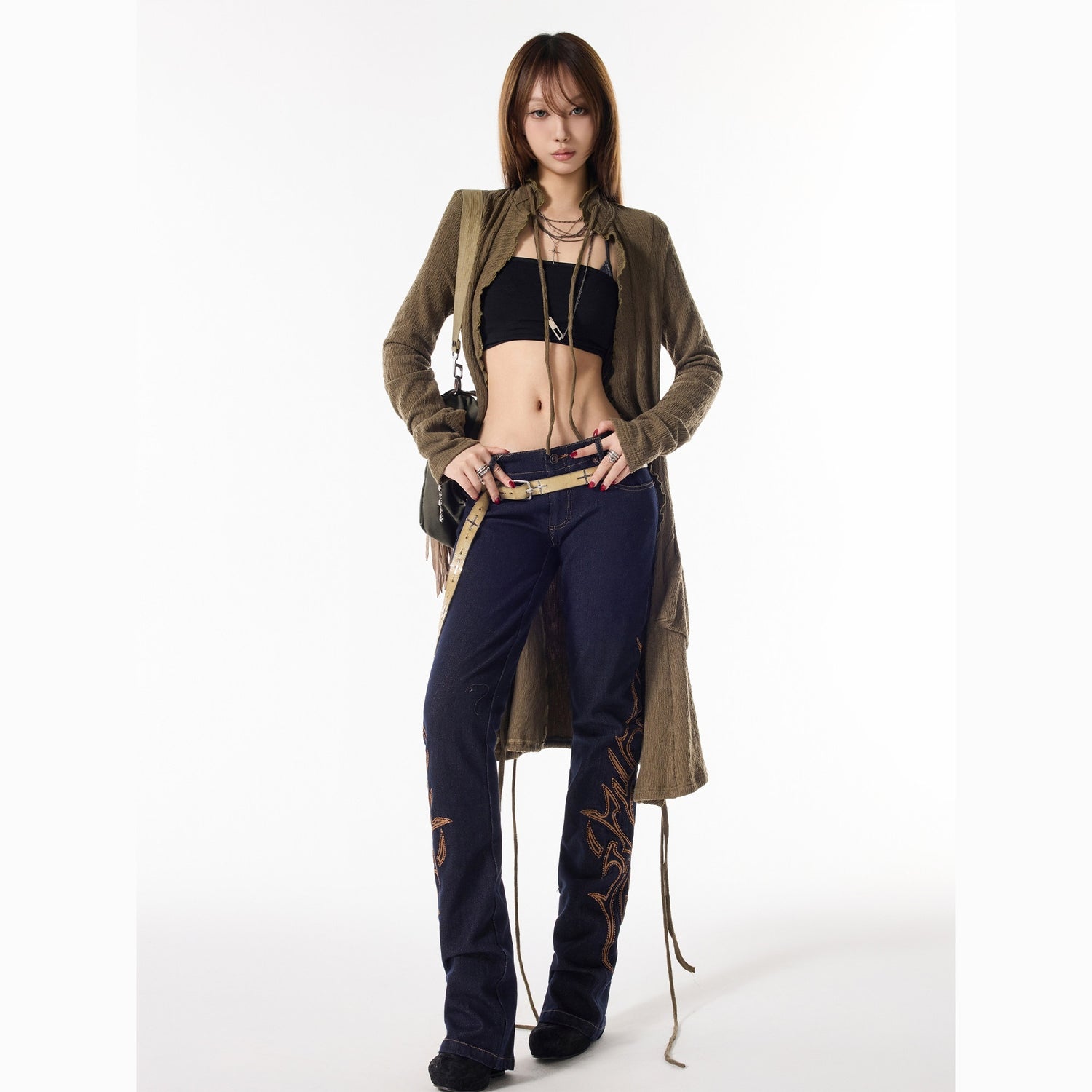 3MODE_Army_Green_Drawstring_V-neck_Slouchy_Long_Tie_Front_Women&