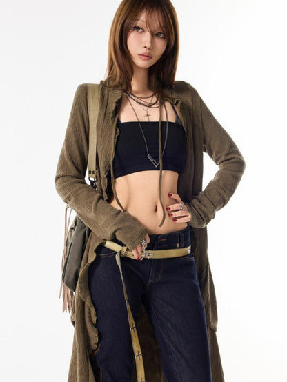 3MODE Army Green Drawstring V-neck Slouchy Long Tie Front Women&