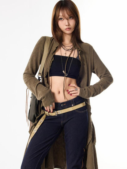 3MODE Army Green Drawstring V-neck Slouchy Long Tie Front Women&
