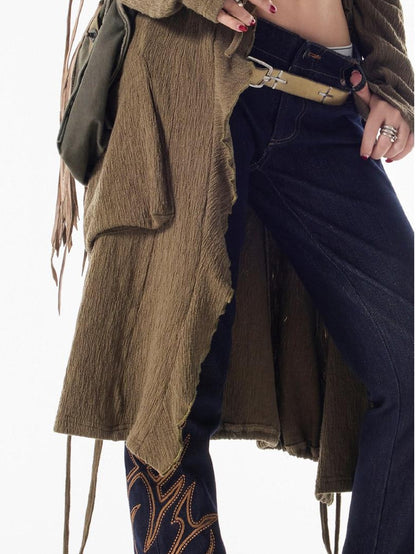 3MODE Army Green Drawstring V-neck Slouchy Long Tie Front Women&
