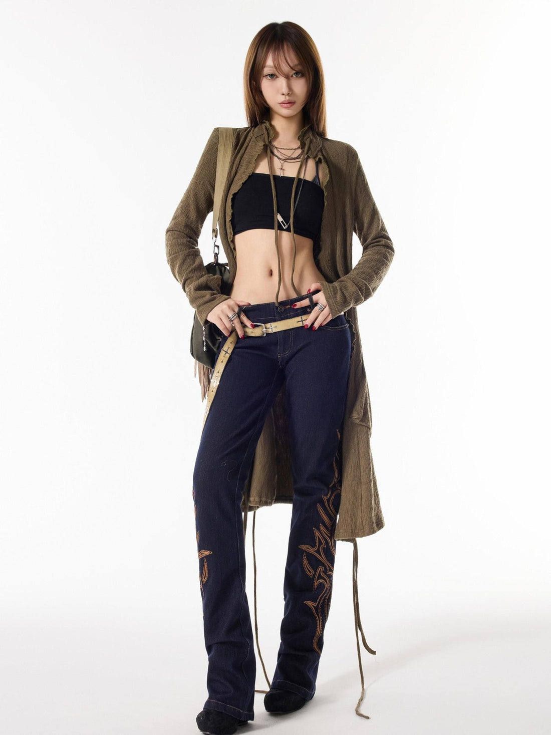 3MODE Army Green Drawstring V-neck Slouchy Long Tie Front Women&