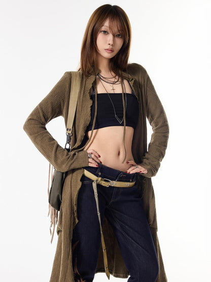 3MODE Army Green Drawstring V-neck Slouchy Long Tie Front Women&