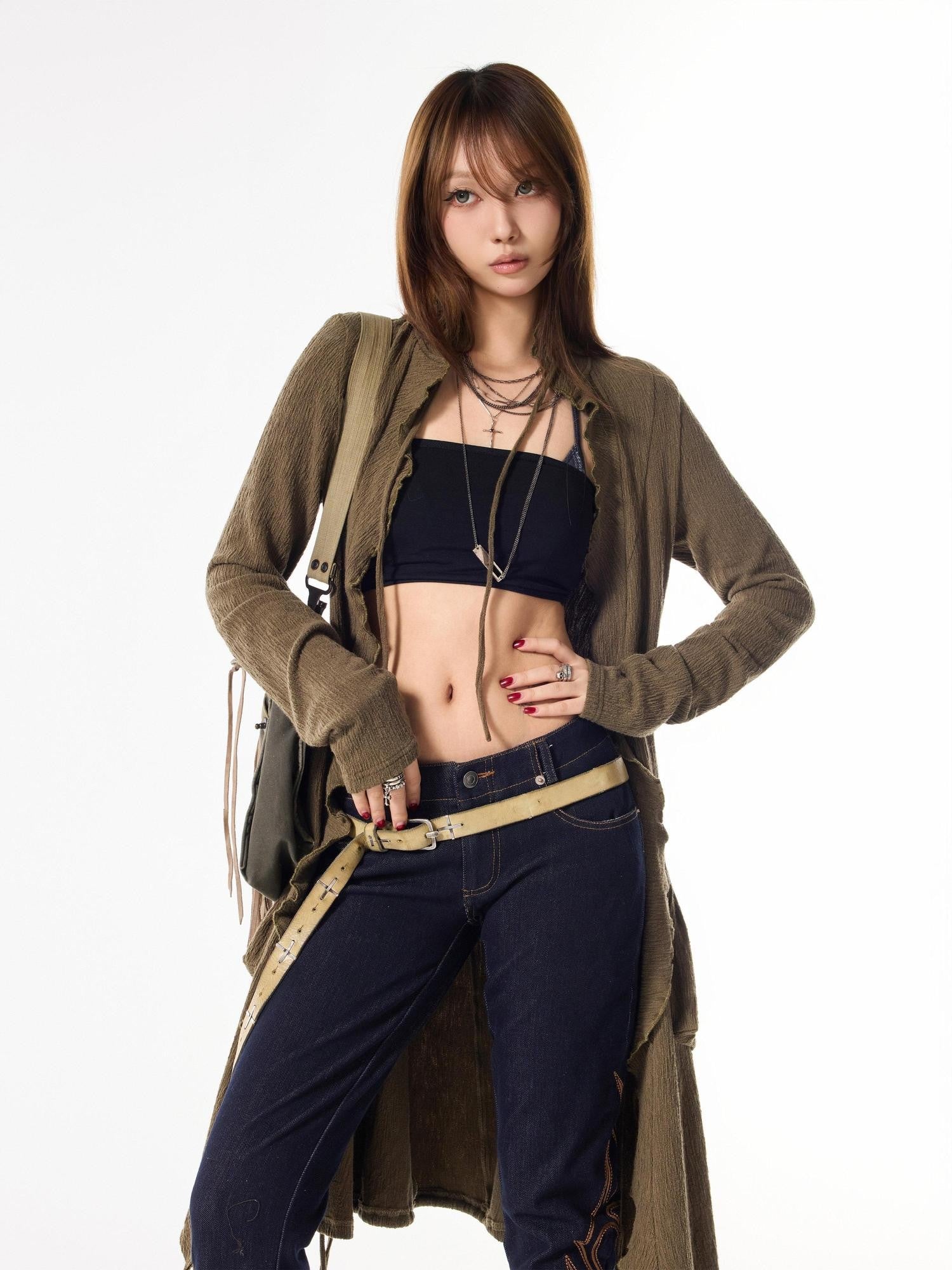 3MODE Army Green Drawstring V-neck Slouchy Long Tie Front Women&