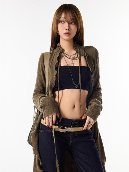 3MODE Army Green Drawstring V-neck Slouchy Long Tie Front Women&