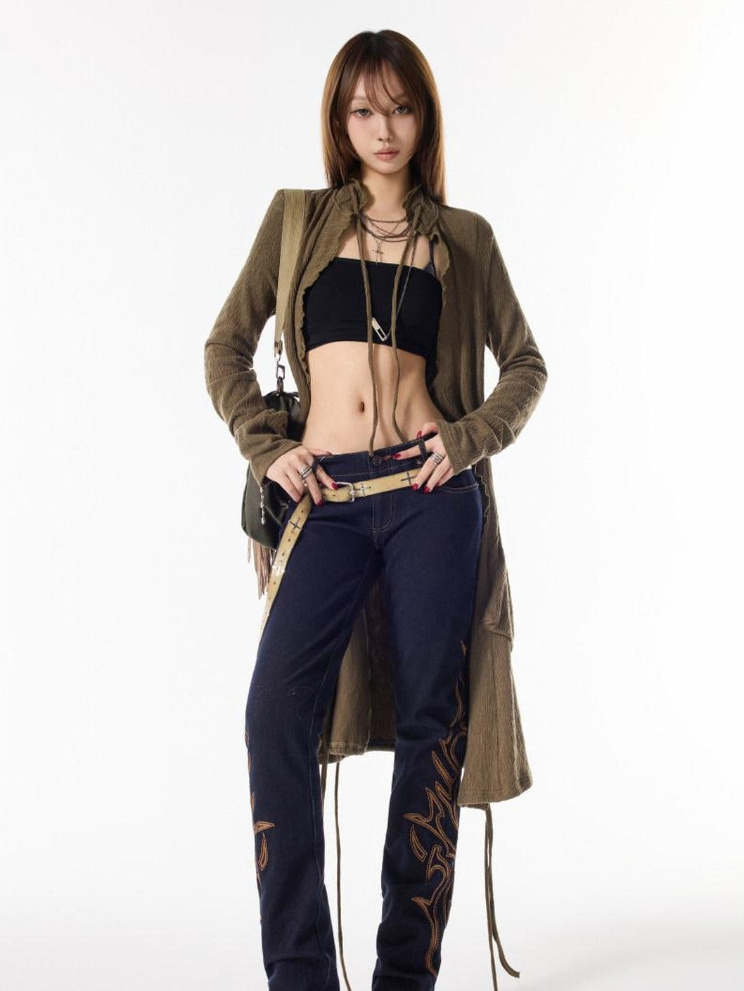 3MODE Army Green Drawstring V-neck Slouchy Long Tie Front Women&