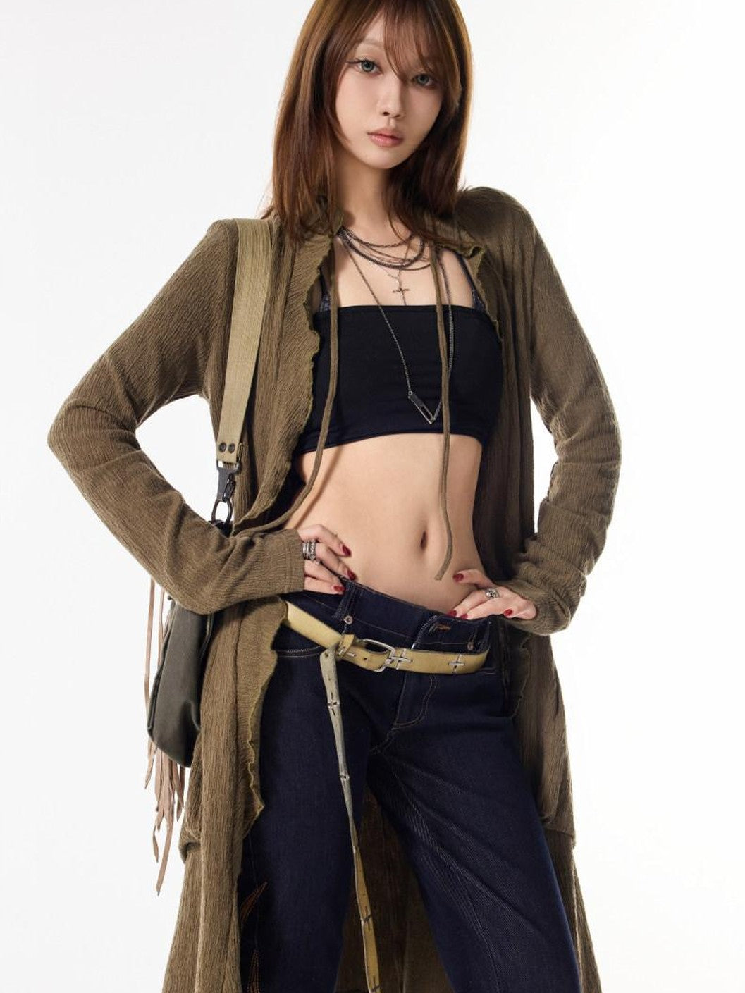 3MODE Army Green Drawstring V-neck Slouchy Long Tie Front Women&