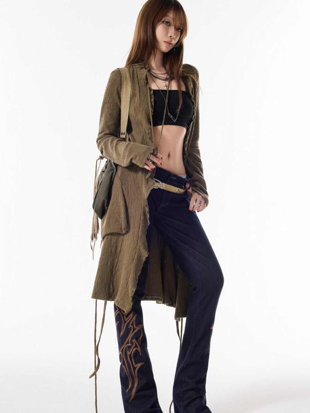 3MODE Army Green Drawstring V-neck Slouchy Long Tie Front Women&