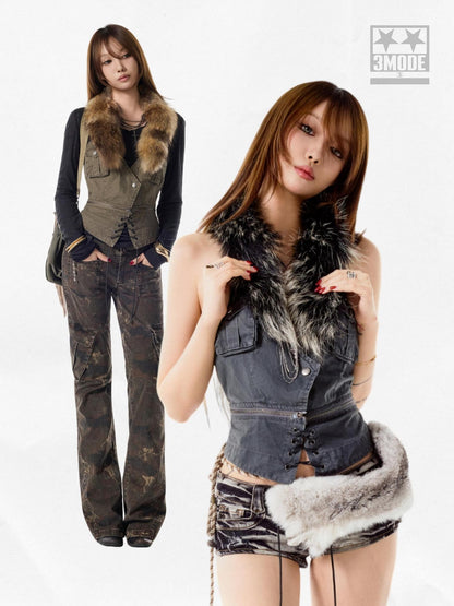 3MODE Army Green V-neck Single Button Short Solid Street Style Women&