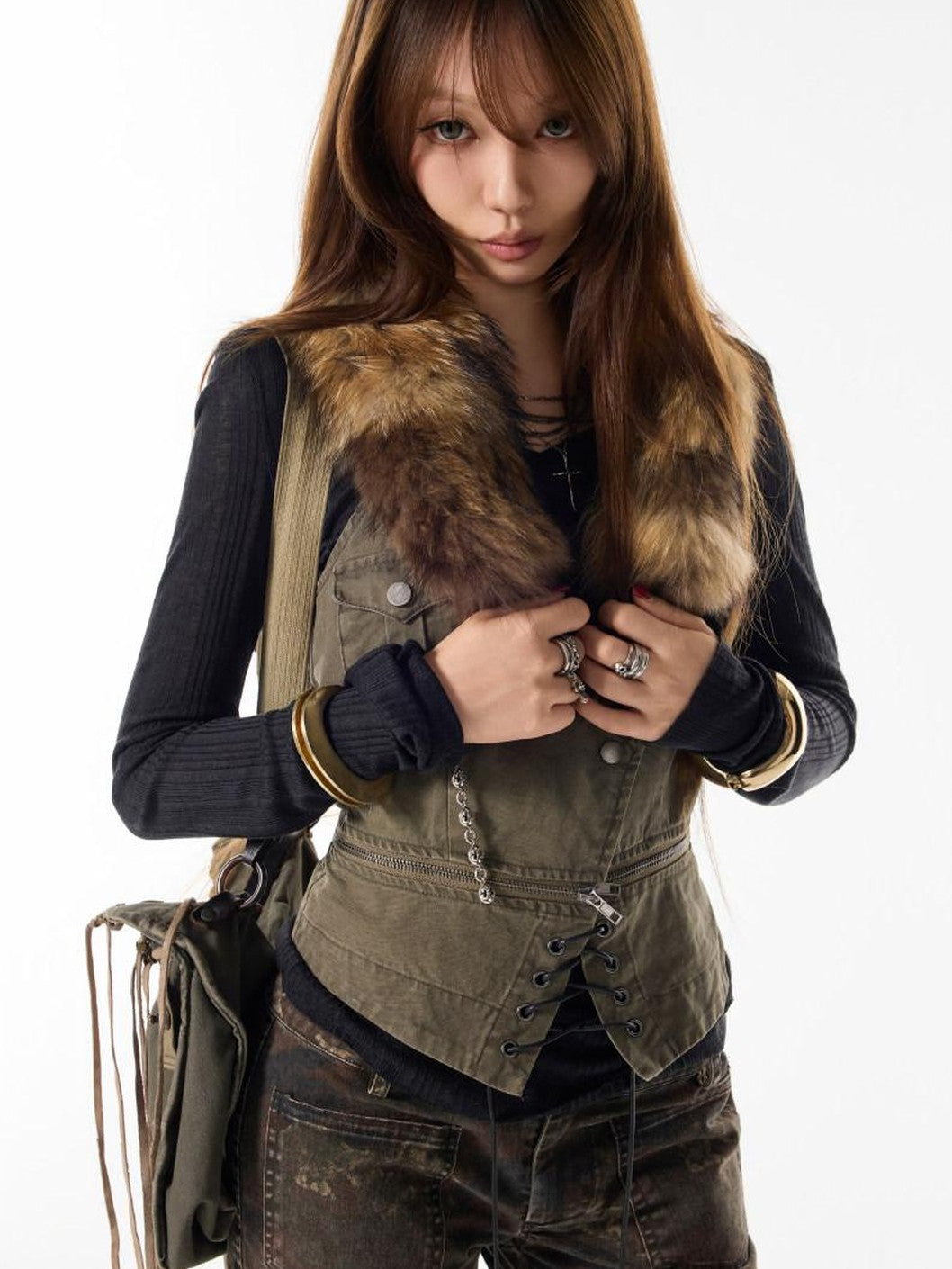 3MODE Army Green V-neck Single Button Short Solid Street Style Women&