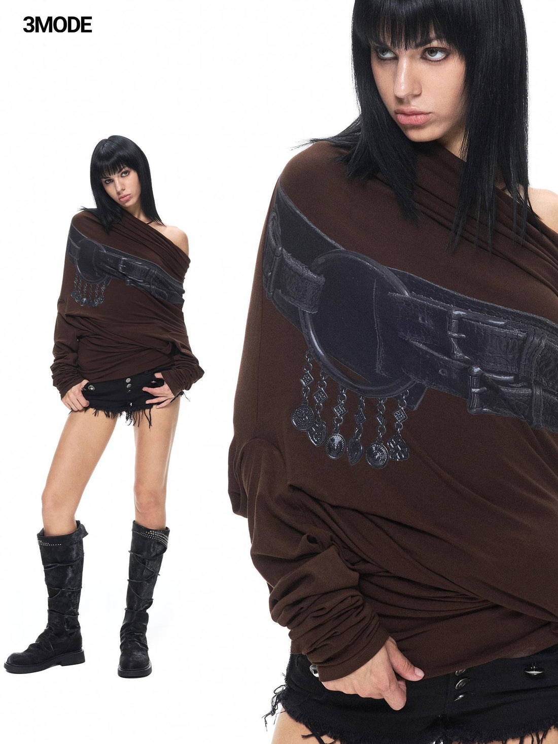 3MODE Asymmetric Belt Print Batwing Sleeve Women&