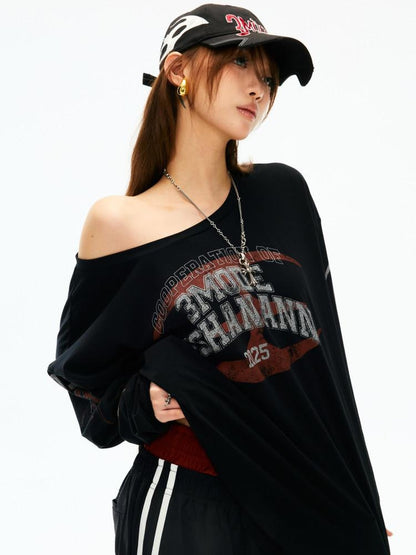 3MODE Asymmetric Shoulder Letter Print Women&
