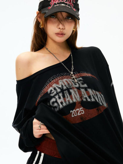 3MODE Asymmetric Shoulder Letter Print Women&