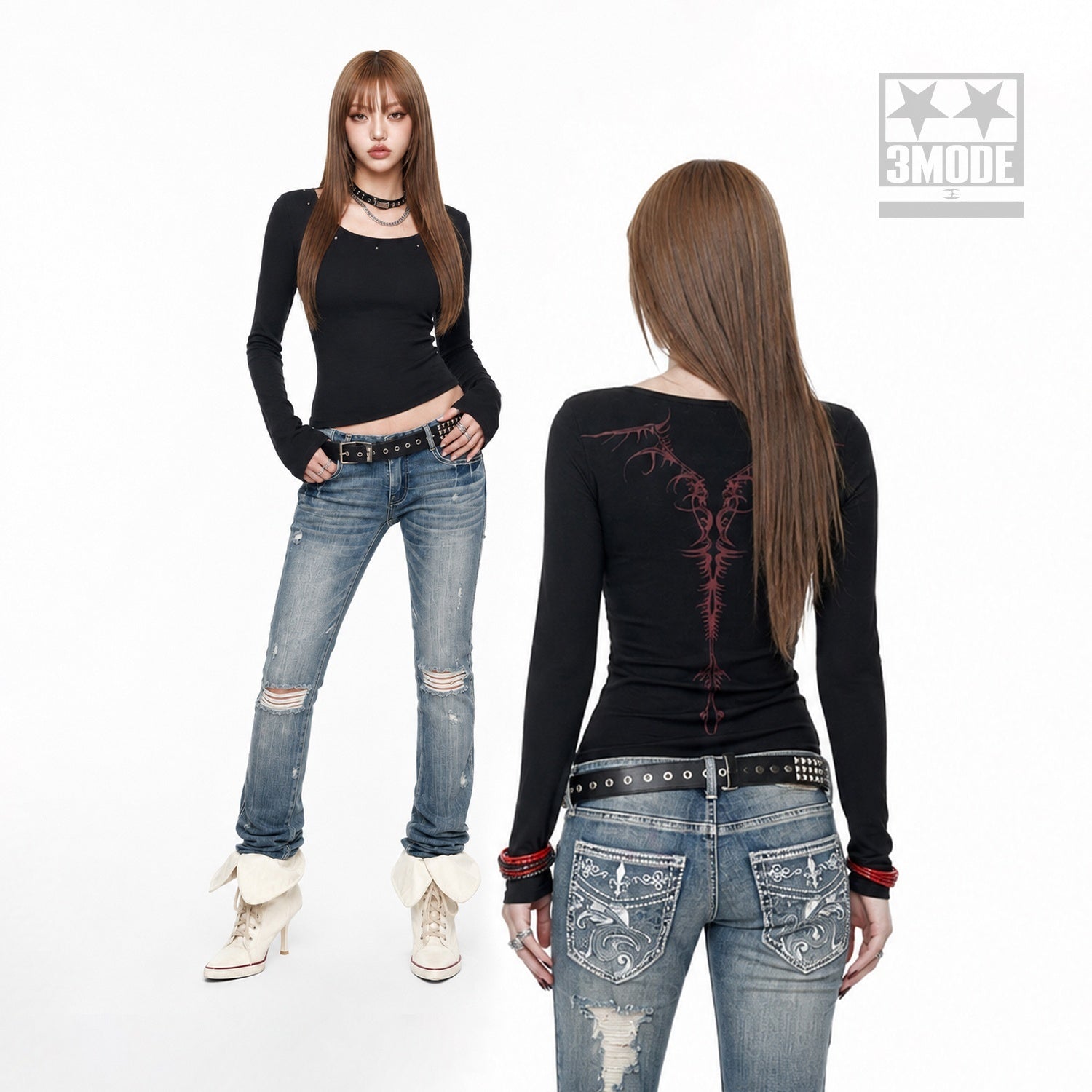 3MODE_Back_Thorn_Print_Square_Neck_Cropped_Slim_Women&