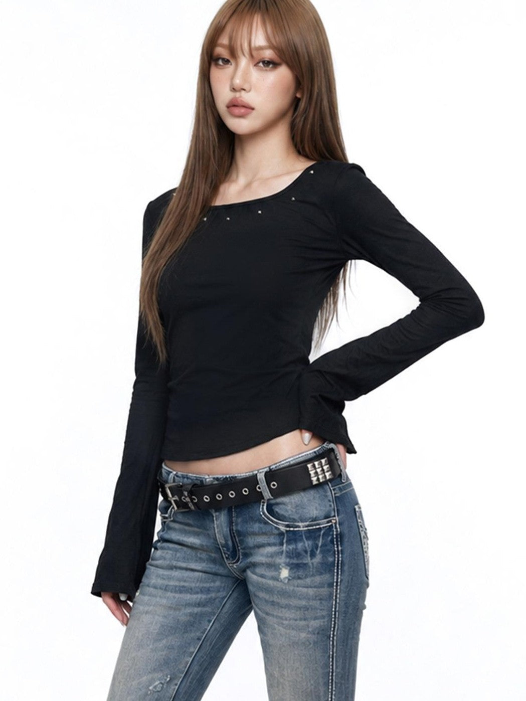3MODE Back Thorn Print Square Neck Cropped Slim Women&