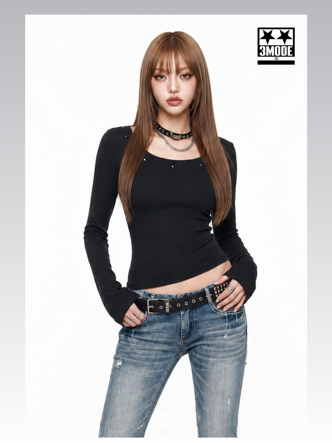 3MODE Back Thorn Print Square Neck Cropped Slim Women&