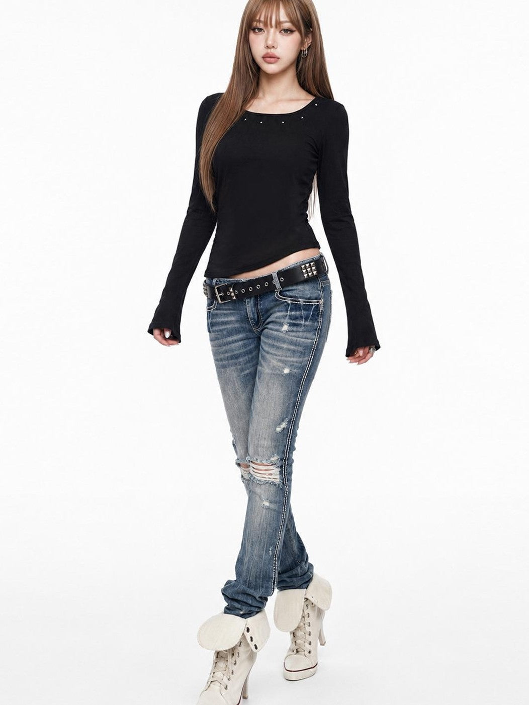 3MODE Back Thorn Print Square Neck Cropped Slim Women&
