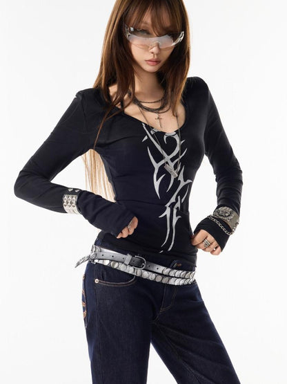 3MODE Black Bow Print U Neck Slim Fit Women&