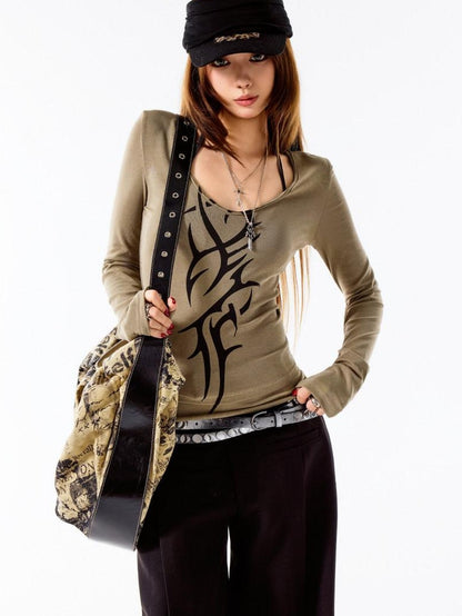 3MODE Black Bow Print U Neck Slim Fit Women&