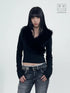 3MODE Black Cropped Crossover Fur Collar V-neck Women&