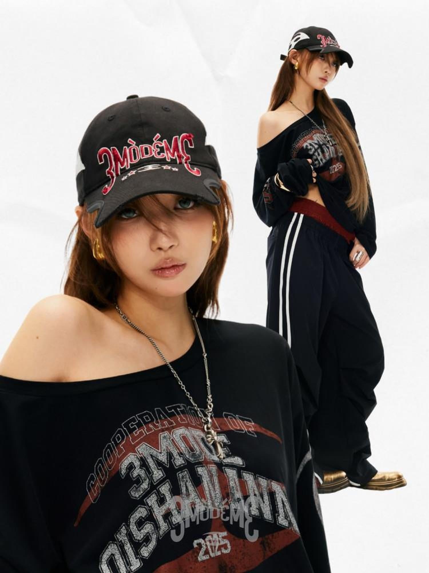 3MODE Black Embroidered Letter Notch Brim Cartoon Women&