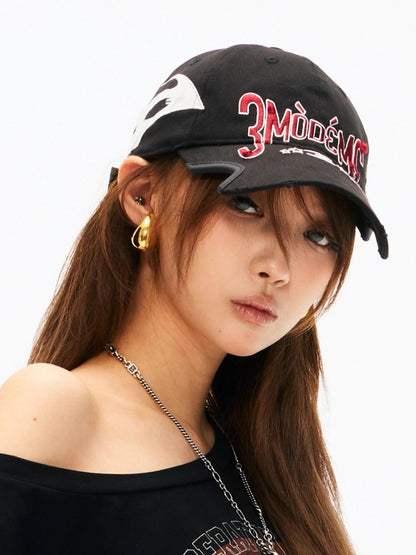 3MODE Black Embroidered Letter Notch Brim Cartoon Women&