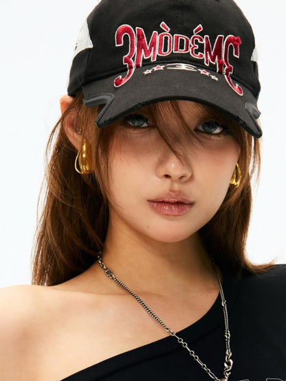 3MODE Black Embroidered Letter Notch Brim Cartoon Women&