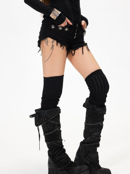 3MODE Black Frayed Hem Low Waist Side Stud Multi Button Women&