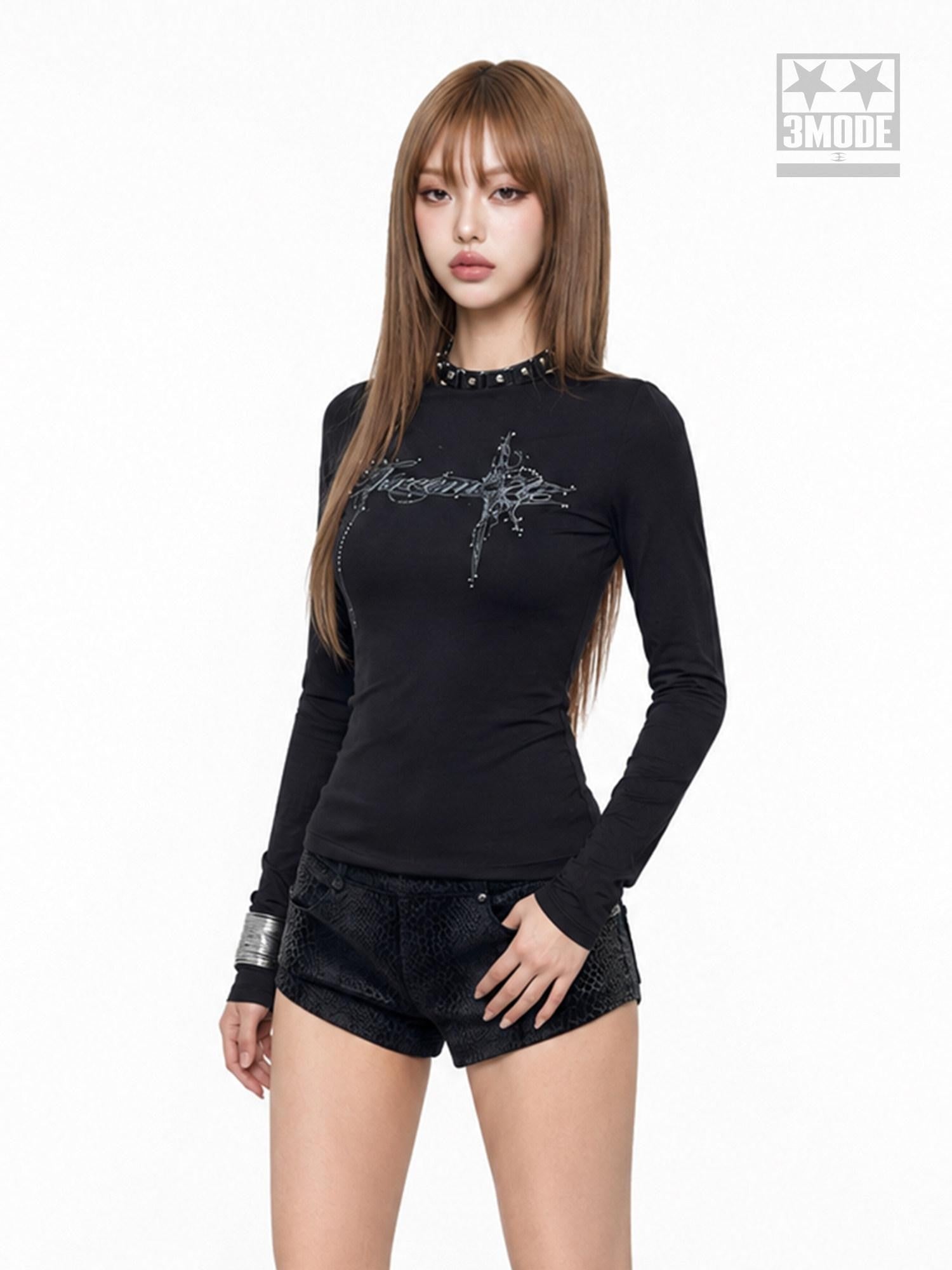 3MODE Black Gothic Swordpoint Slim Waist Letter Women&