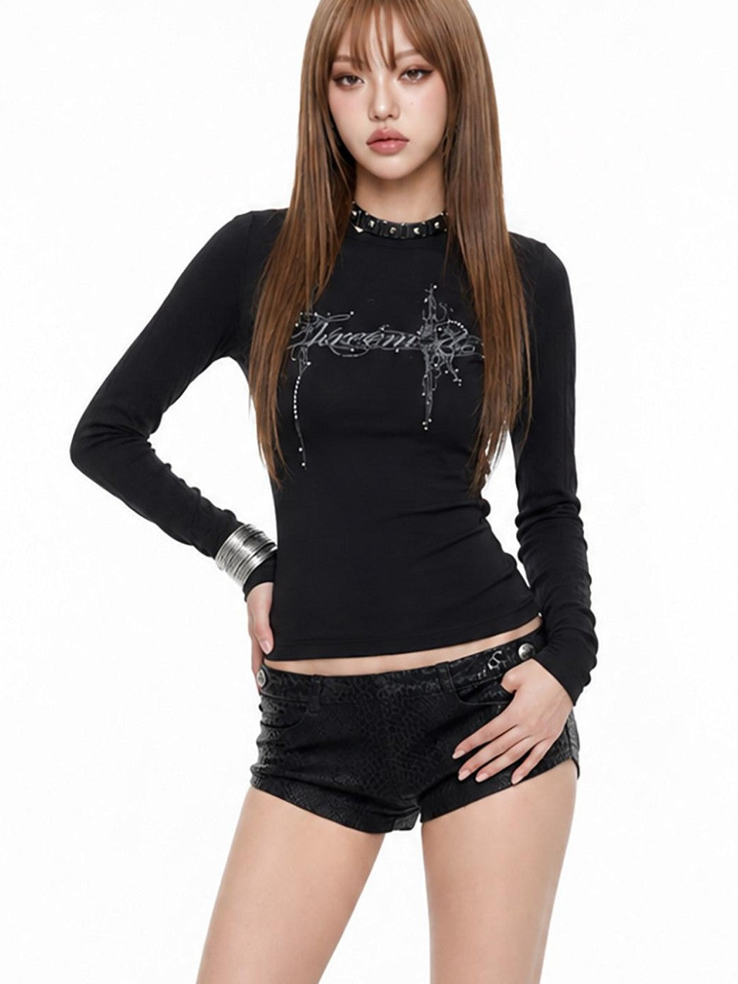 3MODE Black Gothic Swordpoint Slim Waist Letter Women&
