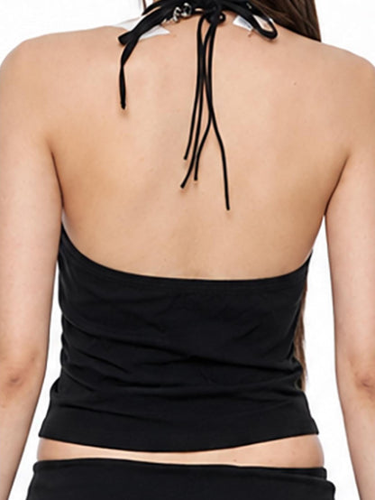 3MODE Black Lace Double Button Halter Tube Pleated Mini Women&