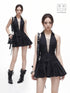3MODE Black Lapel Collar Pleated Tie Waist Slim Women&
