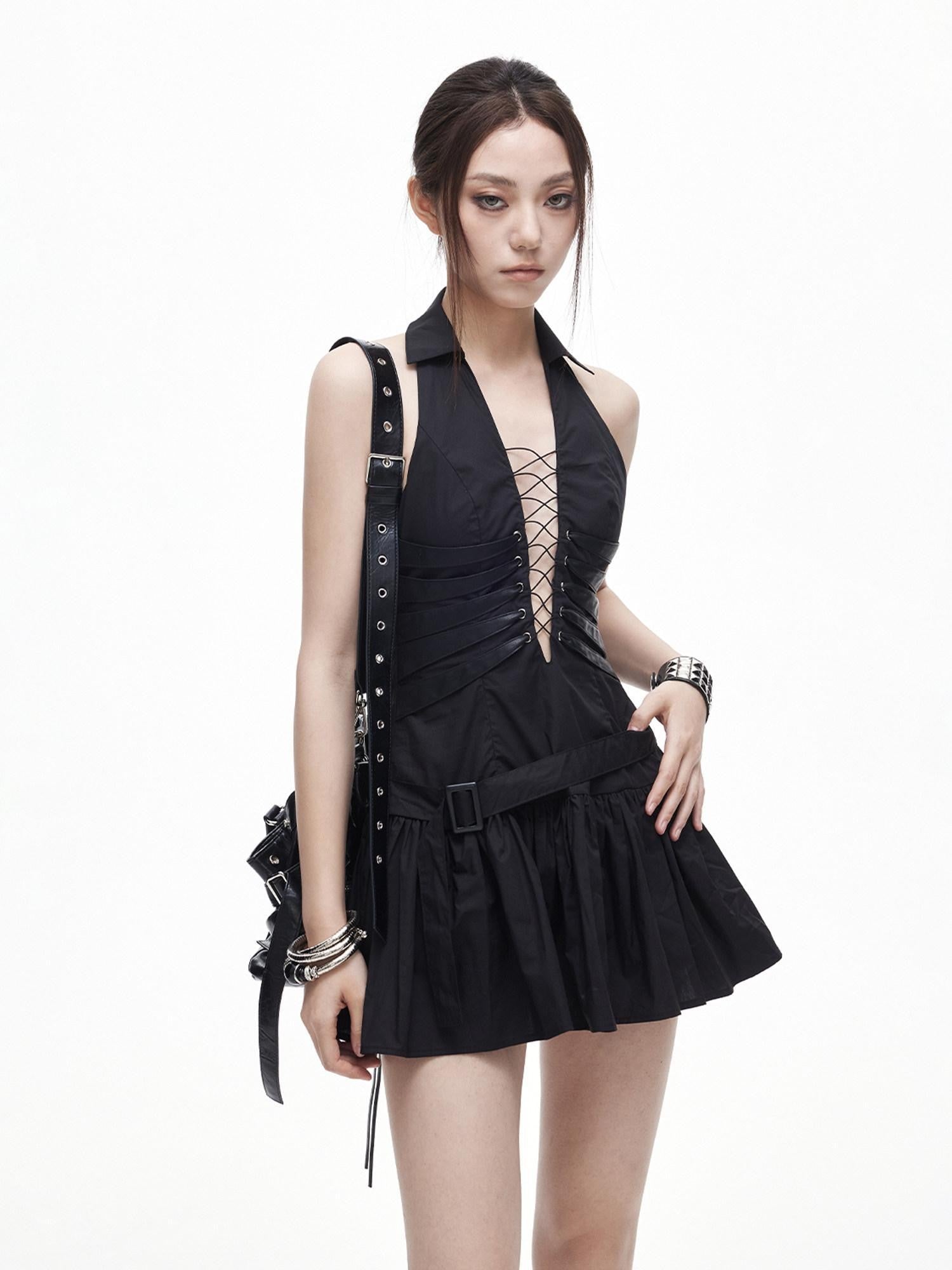 3MODE Black Lapel Collar Pleated Tie Waist Slim Women&