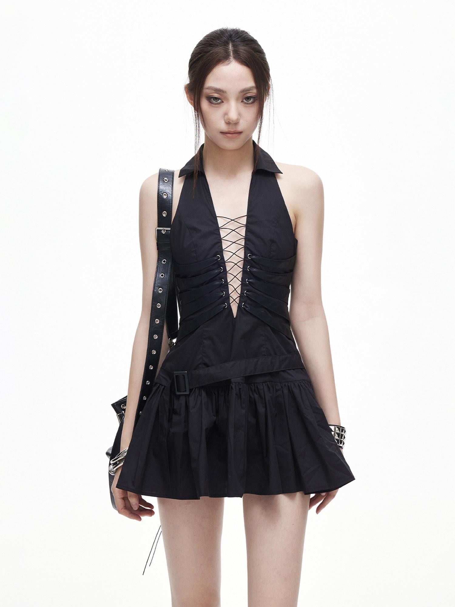 3MODE Black Lapel Collar Pleated Tie Waist Slim Women&
