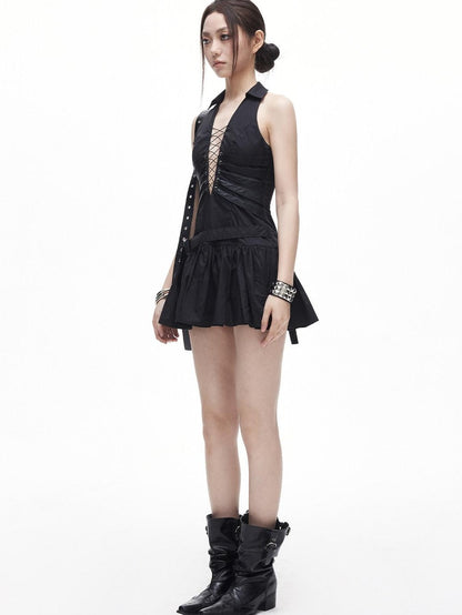 3MODE Black Lapel Collar Pleated Tie Waist Slim Women&