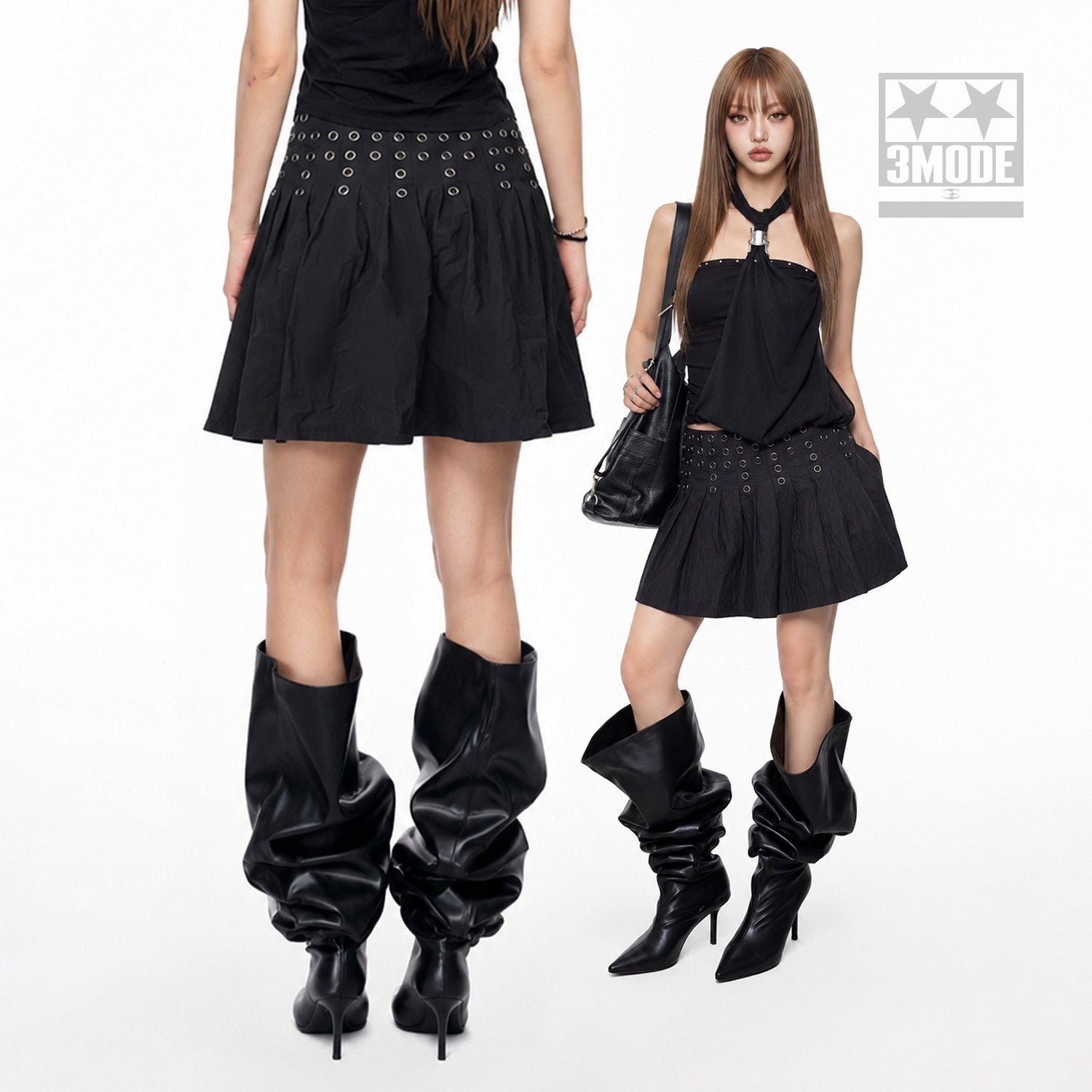 3MODE_Black_Metal_Ring_Rivet_Pleated_Low_Waist_Utility_Women&
