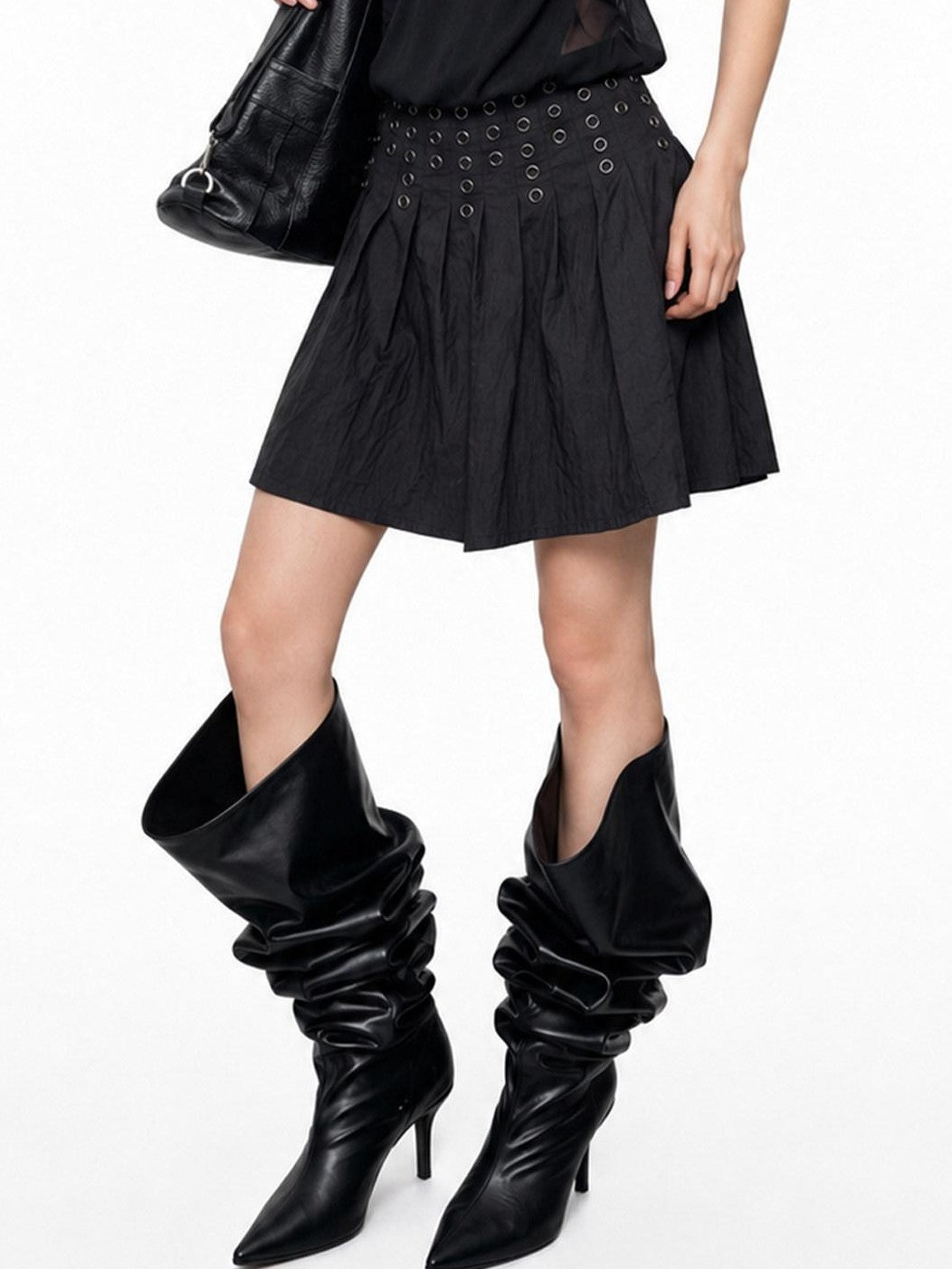 3MODE Black Metal Ring Rivet Pleated Low Waist Utility Women&