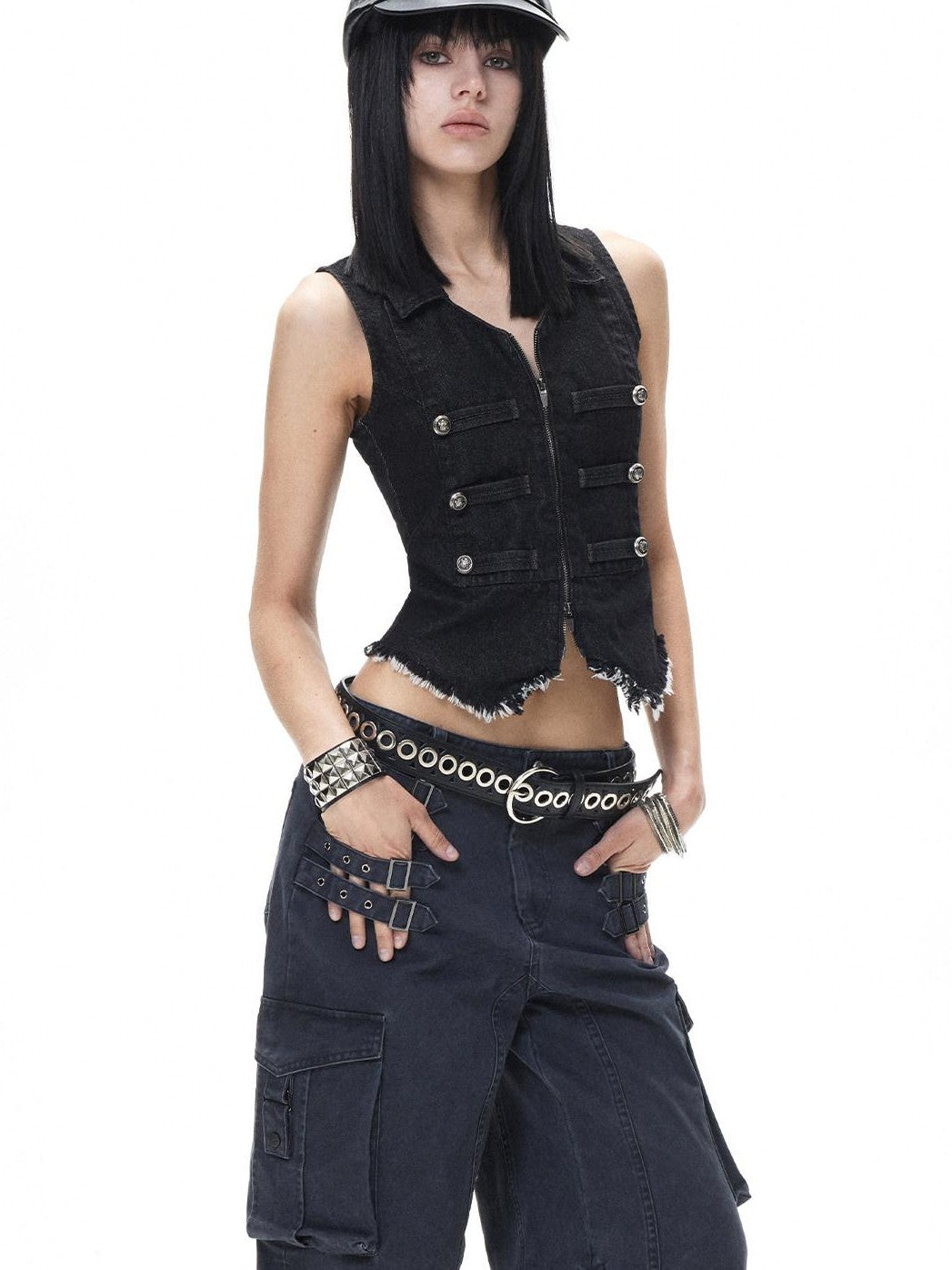 3MODE Black Punk Double Breasted Lapel Sleeveless Women&